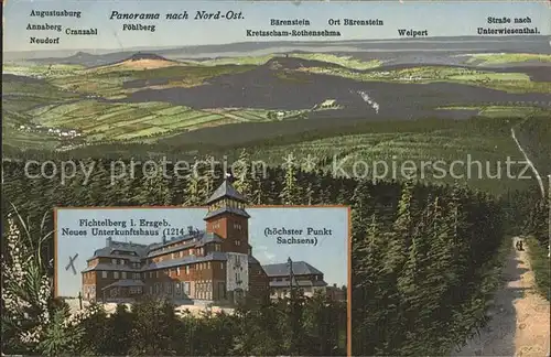 Oberwiesenthal Erzgebirge Panorama mit Poehlberg Baerenstein Unterwiesenthal und Fichtelberg Unterkunftshaus Kat. Oberwiesenthal