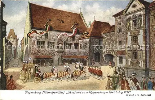 Regensburg Wandgemaelde Auffahrt zum Regensburger Reichstag 1711 Kat. Regensburg