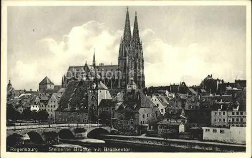 Regensburg Steinerne Bruecke mit Dom und Brueckentor / Regensburg /Regensburg LKR