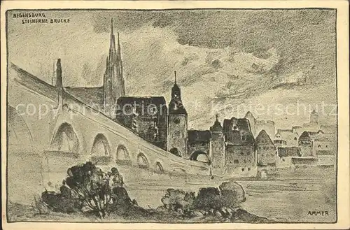 Regensburg Steinerne Bruecke mit Dom Zeichnung / Regensburg /Regensburg LKR