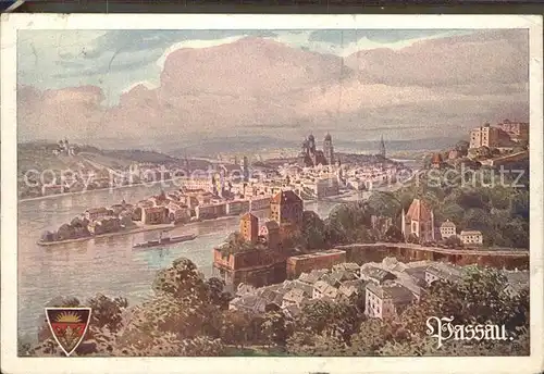 Passau Panorama Zusammenfluss von Ilz Donau und Inn Kat. Passau