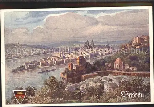 Passau Panorama Zusammenfluss von Ilz Donau und Inn Kat. Passau