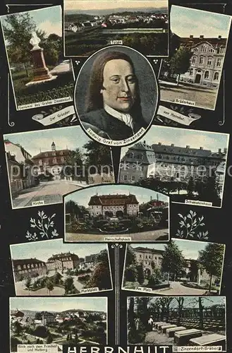 Herrnhut Total Zinzendorfdenkmal und Portrait Bruederhaus Kirche Schwesternhaus Herrschaftshaus Marktplatz Am Platz Friedhof Hutberg Zinzendorf Graeber Kat. Herrnhut