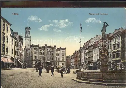 Zittau Markt mit Rathaus und Brunnen Kat. Zittau