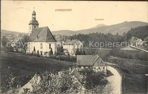 Jonsdorf mit Kirche und Lausche Kat. Kurort Jonsdorf