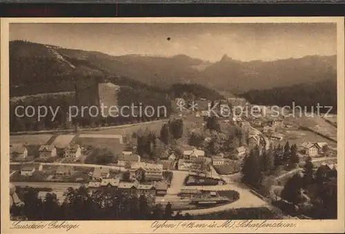 Oybin Panorama mit Scharfenstein Lausitzer Gebirge Kupfertiefdruck Kat. Kurort Oybin