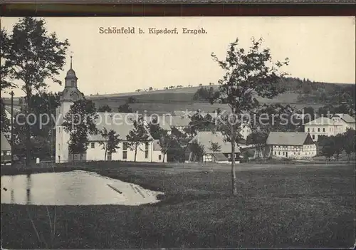 Schoenfeld Erzgebirge Ortsansicht mit Kirche Teich Kat. Schmiedeberg Osterzgebirge