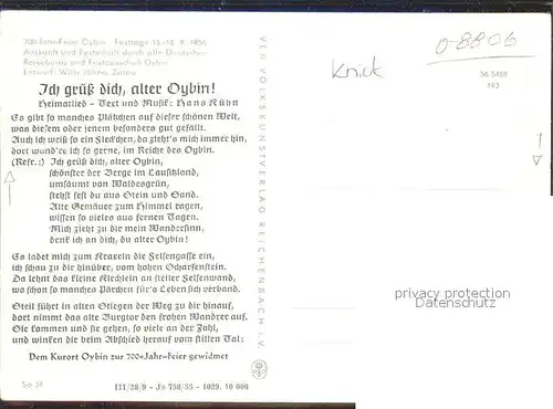 Oybin 700 Jahrfeier Heimatlied Berg Oybin Kuenstlerkarte Kat. Kurort Oybin