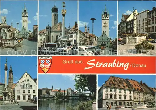 Straubing Theresienplatz Dreifaltigkeitssaeule Stadtturm Kirche Donau Bruecke Kat. Straubing