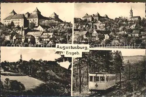 Augustusburg Ortsansicht mit Schloss und Kirche Bergbahn Handabzug Kat. Augustusburg