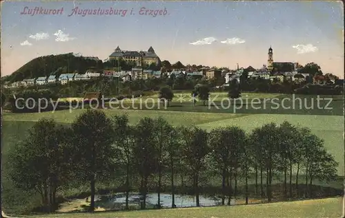 Augustusburg Teich Ortsansicht mit Schloss und Kirche Kat. Augustusburg