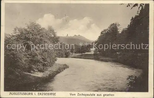 Augustusburg vom Zschopautale aus gesehen Flusspartie Kat. Augustusburg