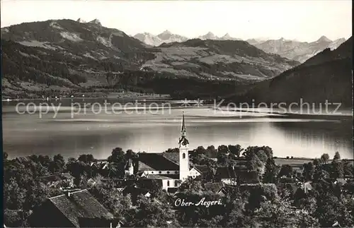 Oberaegeri Gesamtansicht mit See und Bergen Kat. Oberaegeri