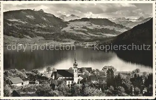 Oberaegeri Panorama mit Kirche und Bergen Kat. Oberaegeri