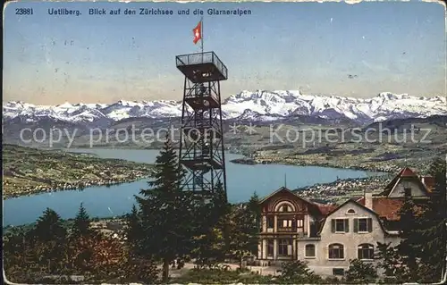 Uetliberg ZH Berggasthaus Aussichtsturm Blick auf den Zuerichsee und Glarner Alpen