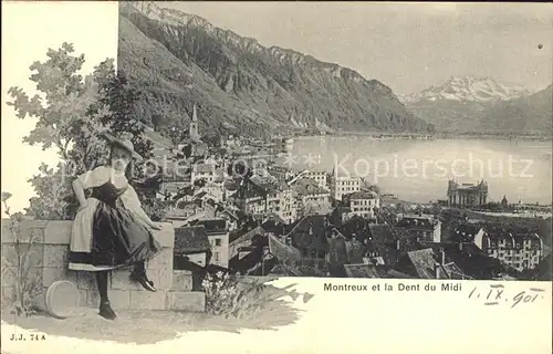 Montreux VD Panorama Lac Leman Dents du Midi Genfersee Alpen Maedchen Trachten Kat. Montreux