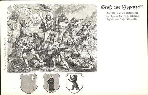 Appenzell IR 500jaehrige Gedenkfeier des Freiheitskrieges Schlacht am Stolz Wappen Kuenstlerkarte Kat. Appenzell