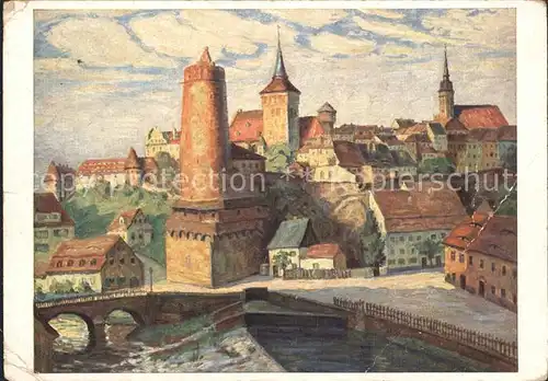 Bautzen 1000jaehrige Stadt Alte Wasserkunst Michaeliskirche Gemaelde Rolf Friedmann Kuenstlerkarte Kat. Bautzen