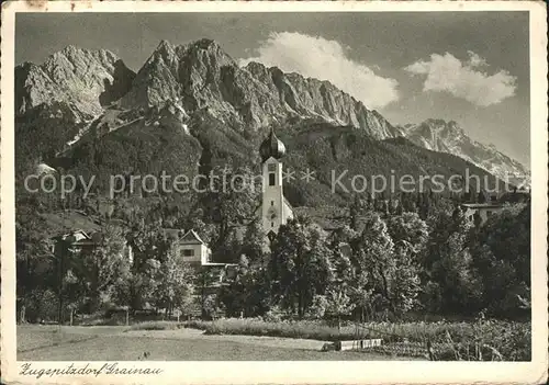 Grainau Ortsansicht mit Kirche Zugspitze Wettersteingebirge Kupfertiefdruck Kat. Grainau