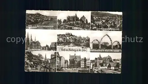 Marburg Lahn Stadtblick Schloss Elisabethkirche Kliniken Freilichtbuehne Steinweg Marktplatz Rathaus Lahnbruecke mit Universitaet und Terrassen Kat. Marburg