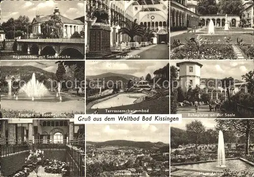 Bad Kissingen Regentenbau mit Saalebruecke Wandelhalle Kurgarten Fontaene Rosengarten Terrassenschwimmbad Ruheplaetze Trinkkuranlage Gesamt Neue Anlage Kat. Bad Kissingen