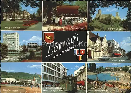 Loerrach Bahnhof Rosenfelspark Burgruine Roetteln Basler Strasse Schwimmbad Tram Sportplatz Wohnheim Altersheim Dreilaenderecke Kat. Loerrach