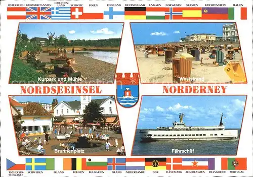 Norderney Nordseebad Kurpark Muehle Weststrand Strandkorb Faehrschiff Brunnenplatz Nationalflaggen Kat. Norderney
