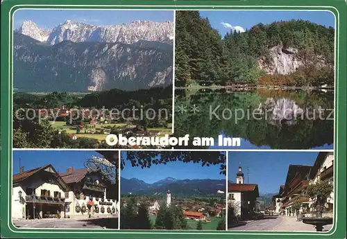 Oberaudorf Gesamtansicht mit Alpenpanorama Inn Wasserspiegelung Gasthaus Hauptstrasse Brunnen Kat. Oberaudorf