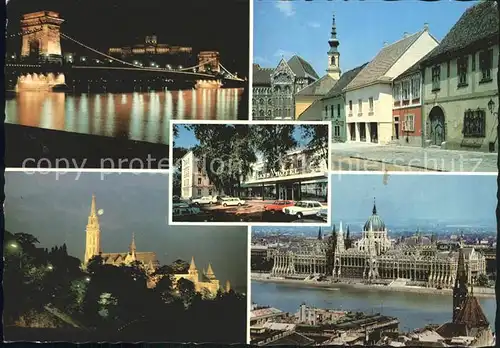 Budapest Donaubruecke Nachtaufnahme Burgpalast Kirche Grand Hotel Kat. Budapest