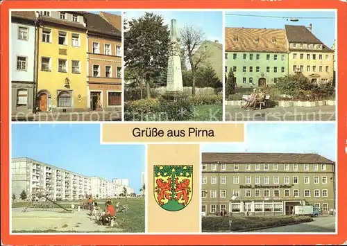 Pirna Haus des Th. Jacobaer Postmeilensaeule Markt Sonnenstein Hotel Schwarzer Adler Wappen Kat. Pirna