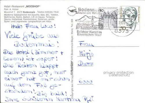 Bodenmais Hotel Restaurant Mooshof Panorama Bayerischer Wald Kat. Bodenmais