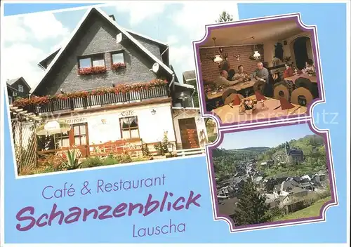 Lauscha Cafe Restaurant Schanzenblick Ortsansicht mit Kirche Kat. Lauscha