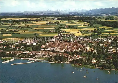 Murten Morat Fliegeraufnahme mit den Berner Alpen Kat. Murten