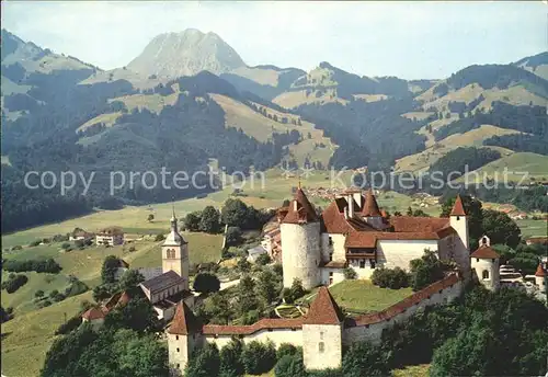 Gruyeres FR Fliegeraufnahme mit Schloss Kat. Gruyeres
