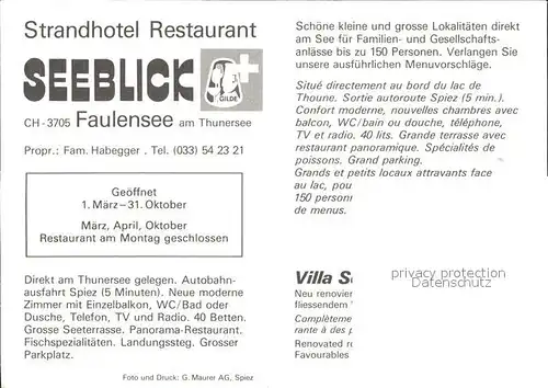 Faulensee Strandhotel Restaurant Seeblick  Kat. Faulensee