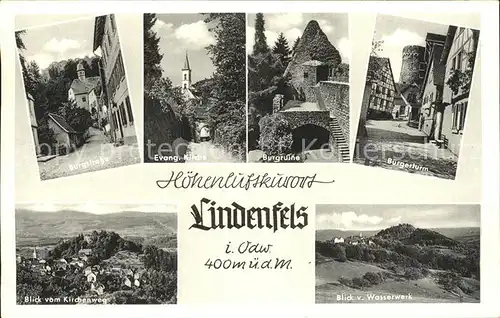 Lindenfels Odenwald Burgstrasse Ev Kirche Burgruine Buergerturm Blick vom Kirchenweg und vom Wasserwerk Kat. Lindenfels