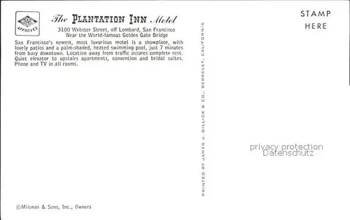 San Francisco California The Plantation Inn Motel Kat. San Francisco