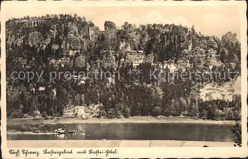 Rathen Saechsische Schweiz Basteigebiet mit Bastei Hotel Elbe Felsen Elbsandsteingebirge Kat. Rathen Sachsen