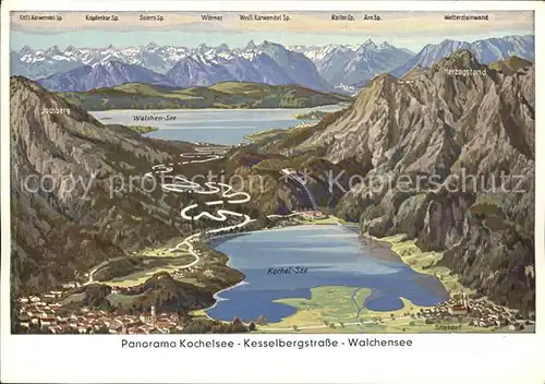 Kochel See Panoramakarte mit Kesselbergstrasse und Walchensee Kat. Kochel a.See