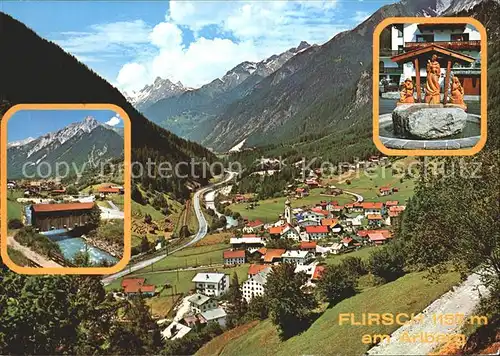 Flirsch Gesamtansicht mit Alpenpanorama Bruecke Holzschnitzerei Kat. Flirsch am Arlberg