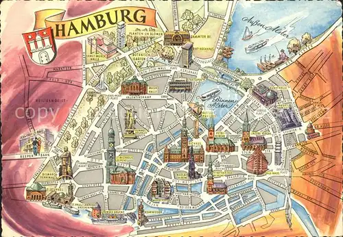 Hamburg Zentrum Binnenalster Stadtplan Sehenswuerdigkeiten Kat. Hamburg