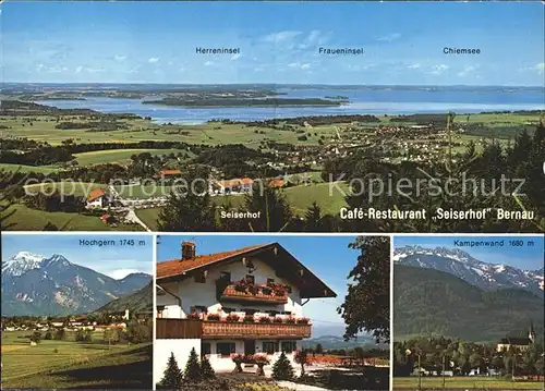 Bernau Chiemsee Panorama mit Cafe Restaurant Hotel Seiserhof Hochgern Kampenwand Chiemgauer Alpen Kat. Bernau a.Chiemsee