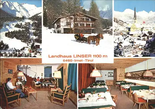 Imst Tirol Landhaus Linser Restaurant Aufenthaltsraum Schlittenfahrt Winterpanorama Alpen Kat. Imst