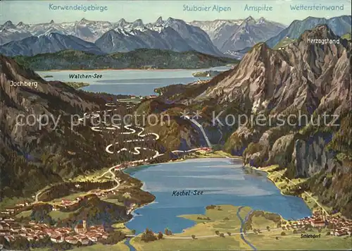 Kochel See Walchensee Panoramakarte  Kat. Kochel a.See