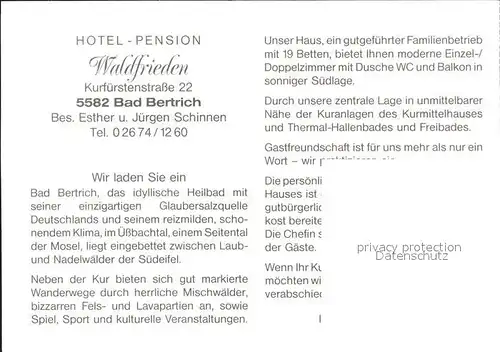 Bad Bertrich Hotel Pension Waldfrieden  Kat. Bad Bertrich