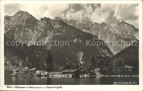 Koenigsee Berchtesgaden Blick vom Obersee auf Watzmann und Hachelkoepfe Bergsee Berchtesgadener Alpen