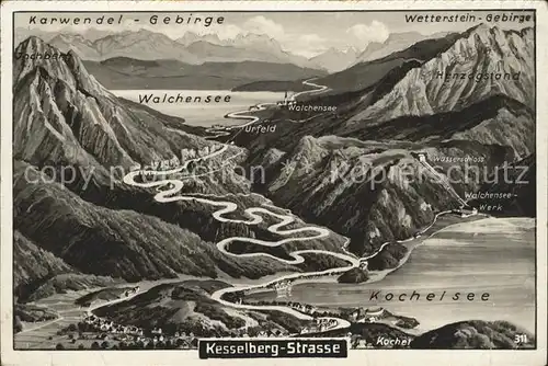 Kochel See Kesselberg Strasse Walchensee Alpen Panoramakarte Nr. 311 Kat. Kochel a.See