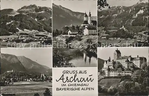 Aschau Chiemgau Gesamtansicht mit Alpenpanorama Bayrische Alpen Kirche Schloss Kat. Aschau i.Chiemgau