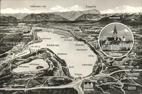 St Ottilien Eresing Erabtei Kloster Ammersee Alpenpanorama aus der Vogelschau Kat. Eresing