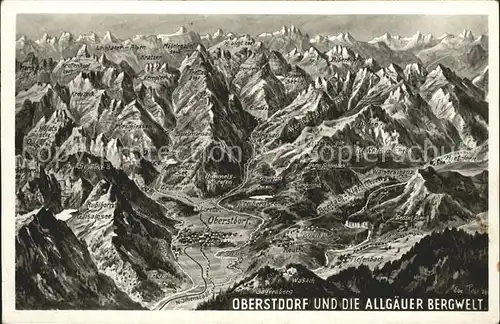Oberstdorf und die Allgaeuer Bergwelt aus der Vogelschau Panoramakarte Nr 32a Kat. Oberstdorf
